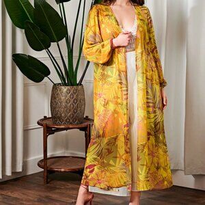 SHEIN Vibrant Floral Long Sleeve Yellow Vibrant Tropical Cover Up